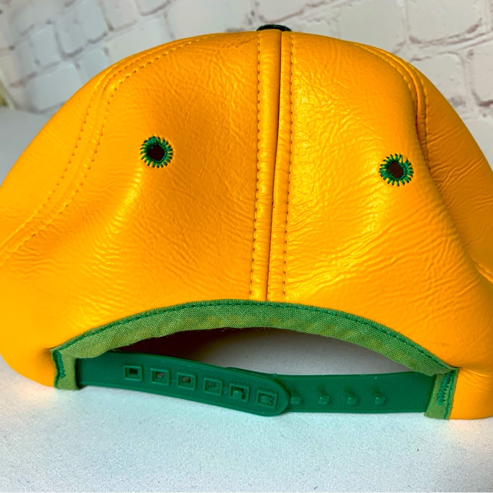 Vintage Farmers Mutual Hail Yellow Faux Leather Trucker Hat USA - Picture 2 of 6